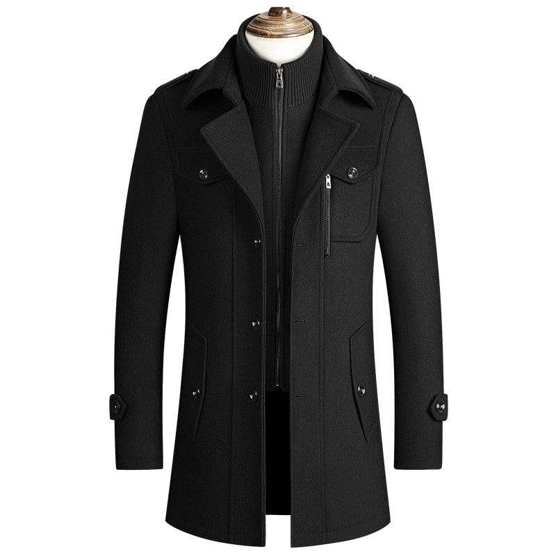 Mænd Vinter Varme Uldfrakker Thicken Casual Jakker Slim Fit Lang Sektion Windbreaker Trench Pea Coat - Sort