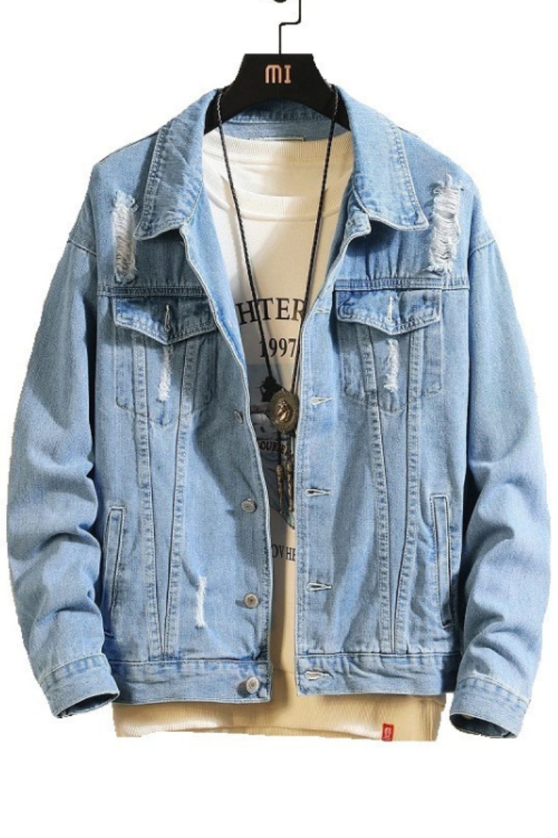 Mænds Denimjakker Mand Trendy Ripped Denim Bomber Coats Mænd Outwear Windbreaker Cowboy Jean Jakker Tøj