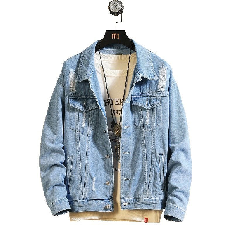 Mænds Denimjakker Mand Trendy Ripped Denim Bomber Coats Mænd Outwear Windbreaker Cowboy Jean Jakker Tøj - Denim Blå