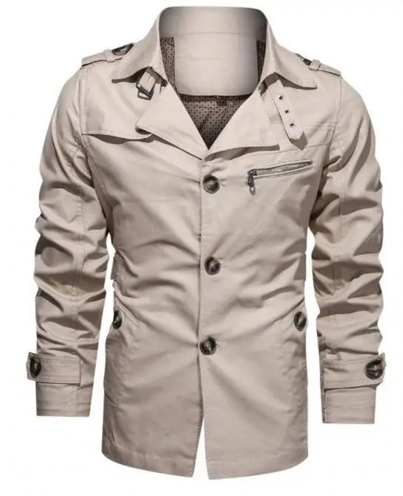 Mænds Trench Outwear Bomuld Lapel Coat Jakke Mænd Outdoor Windbreaker Business Casual Jakker - Beige