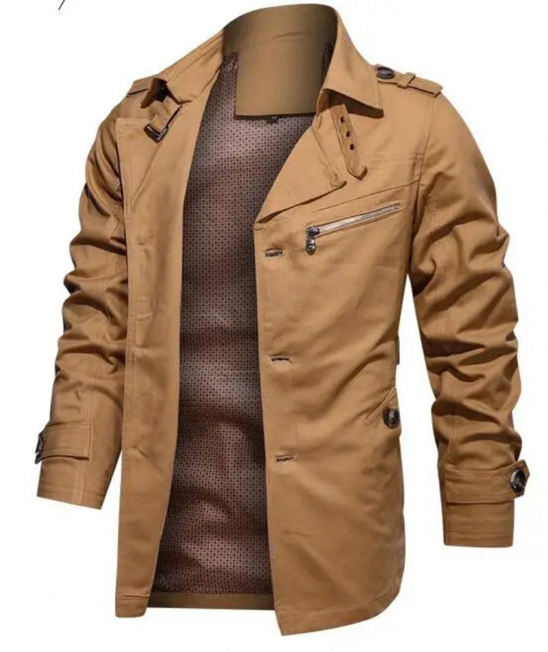 Mænds Trench Outwear Bomuld Lapel Coat Jakke Mænd Outdoor Windbreaker Business Casual Jakker - Beige