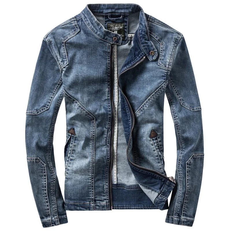 Retro Handsome Mænd Europa Og Usa Boutique Slim Jeans Jakke Standing Collar Denim Jacket - Blå