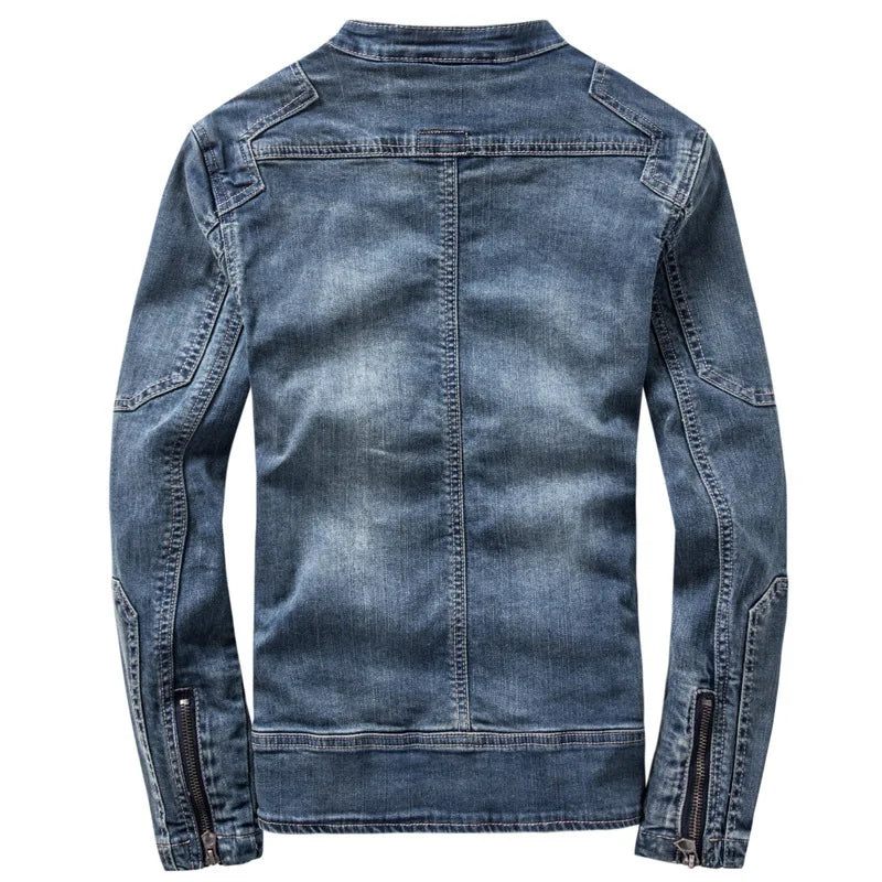 Retro Handsome Mænd Europa Og Usa Boutique Slim Jeans Jakke Standing Collar Denim Jacket - Blå