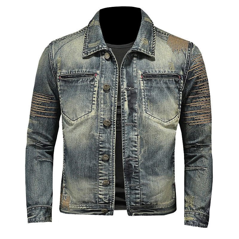 Retro Jeansjakke Mænd Denimfrakke Efterårsbombefly Motorcykel Casual Revers Langærmet Broderi Slankt Tøj - Denim Blå