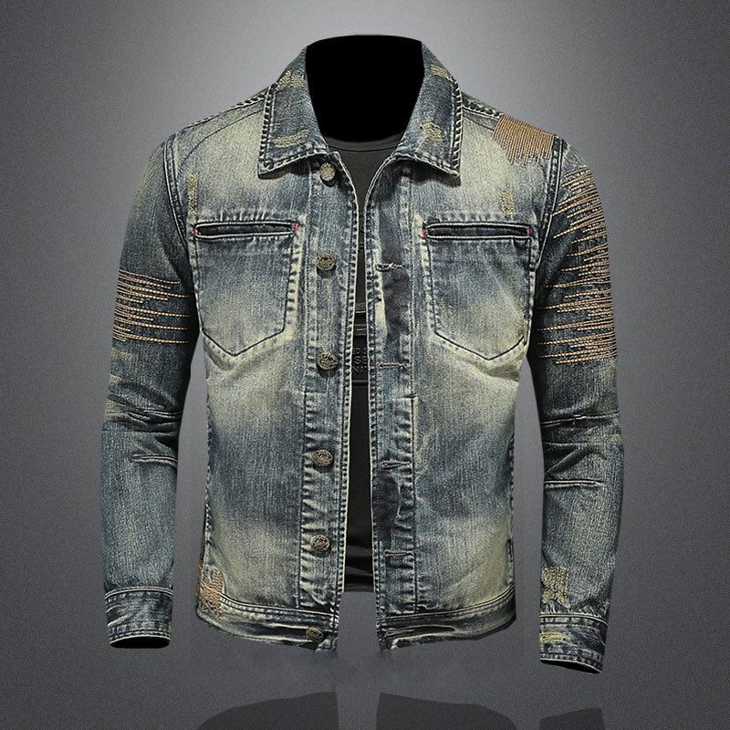 Retro Jeansjakke Mænd Denimfrakke Efterårsbombefly Motorcykel Casual Revers Langærmet Broderi Slankt Tøj - Denim Blå