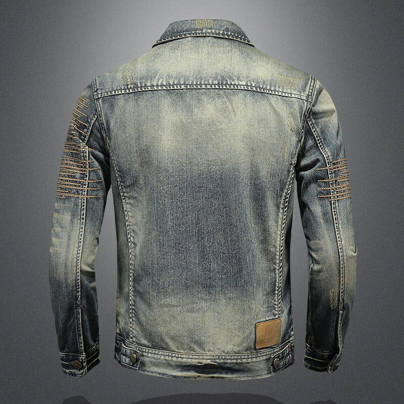 Retro Jeansjakke Mænd Denimfrakke Efterårsbombefly Motorcykel Casual Revers Langærmet Broderi Slankt Tøj - Denim Blå