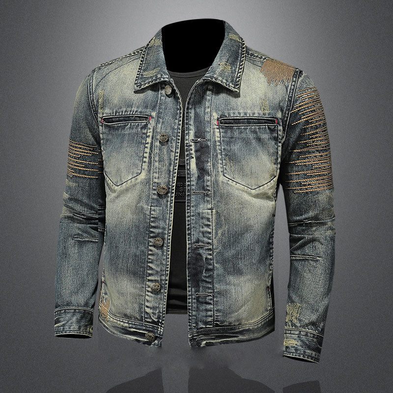 Retro Jeansjakke Mænd Denimfrakke Efterårsbombefly Motorcykel Casual Revers Langærmet Broderi Slankt Tøj - Denim Blå