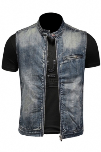 Sommer Retro Jeanjakke Mænds Denimvest Frakker Blå Slank Standkrave Lynlås Ærmeløs Motorcykel Vest Cowboy