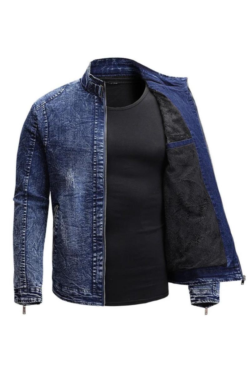 Sort Denimjakke Mænd Efterår Vinter Fleece Jakker Frakker Slim Fit Casual Motorcykel Biker Denim Frakke Overtøj Til