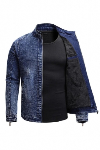 Sort Denimjakke Mænd Efterår Vinter Fleece Jakker Frakker Slim Fit Casual Motorcykel Biker Denim Frakke Overtøj Til