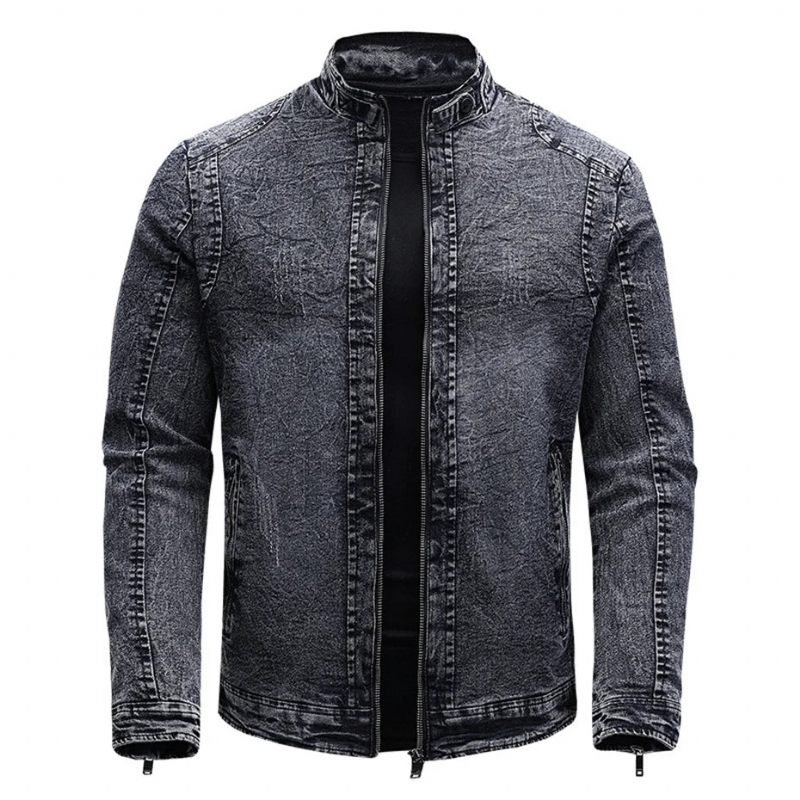 Sort Denimjakke Mænd Efterår Vinter Fleece Jakker Frakker Slim Fit Casual Motorcykel Biker Denim Frakke Overtøj Til - Sort