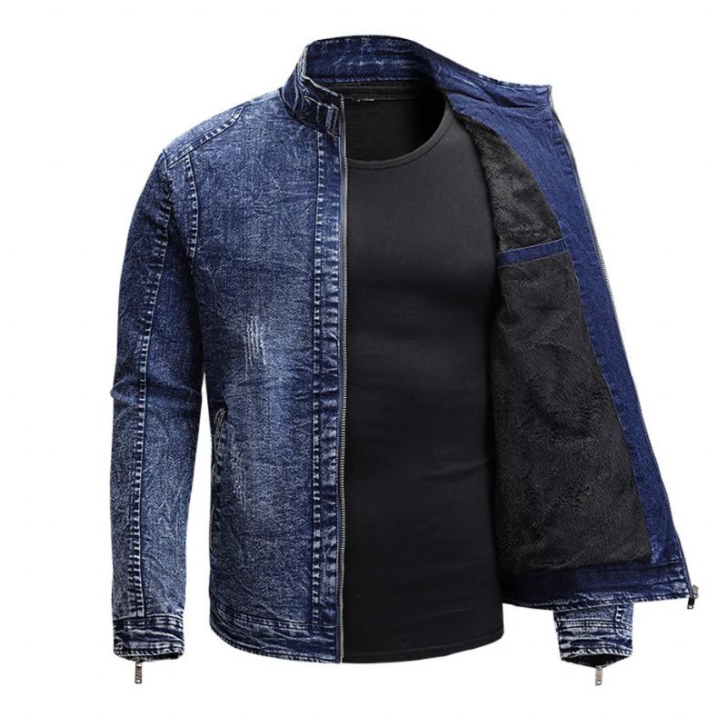 Sort Denimjakke Mænd Efterår Vinter Fleece Jakker Frakker Slim Fit Casual Motorcykel Biker Denim Frakke Overtøj Til - Sort