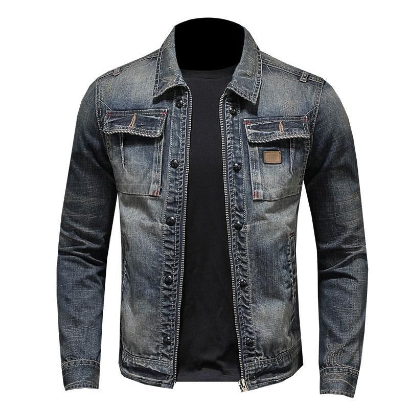 Spring Bomber Denimjakke Mænd Jeans Frakker Motorcykel Bomuld Turndown-krave Vasket Slank Casual Langærmet Tøj - Grå