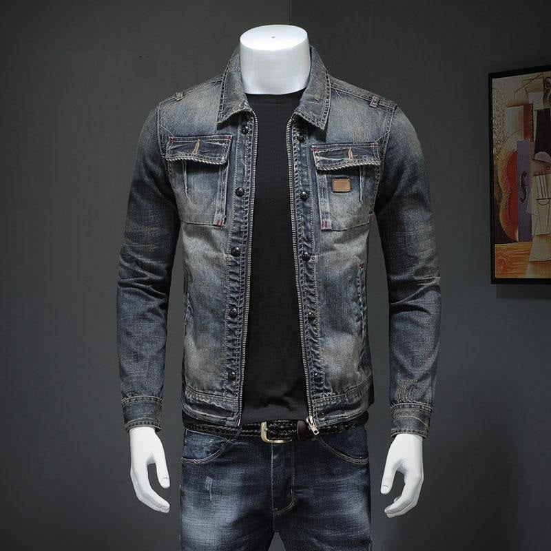 Spring Bomber Denimjakke Mænd Jeans Frakker Motorcykel Bomuld Turndown-krave Vasket Slank Casual Langærmet Tøj - Grå