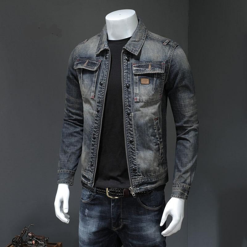 Spring Bomber Denimjakke Mænd Jeans Frakker Motorcykel Bomuld Turndown-krave Vasket Slank Casual Langærmet Tøj - Grå