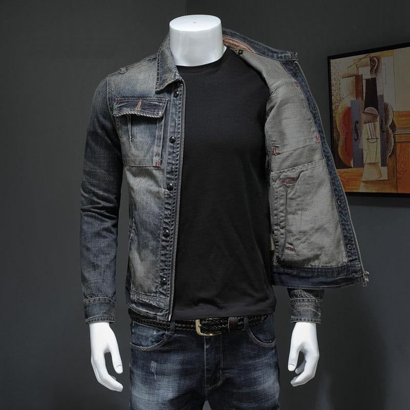 Spring Bomber Denimjakke Mænd Jeans Frakker Motorcykel Bomuld Turndown-krave Vasket Slank Casual Langærmet Tøj - Grå