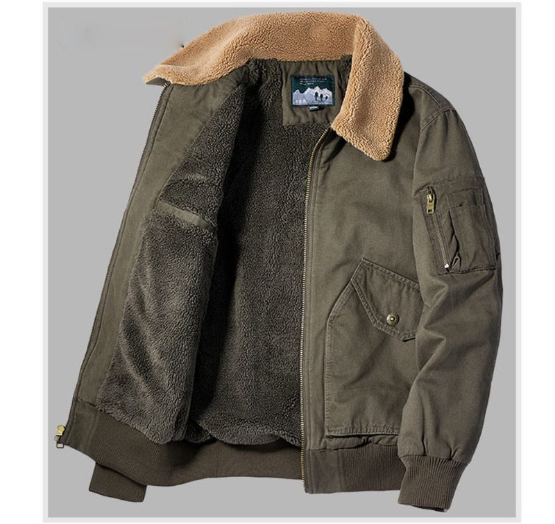 Vinter Bomberjakke Til Mænd Casual Mandlige Ydertøj Fleece Pelskrave Varme Frakker Retro - Khaki