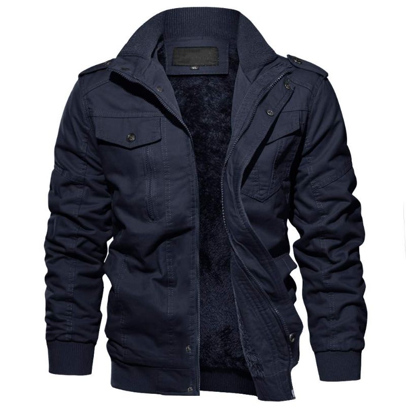 Vinter Bomuldsfrakke Herre Varm Termojakke Heavyweight Fleece Parka Windbreaker Vindtæt Outwear Cargo Frakker - Navy