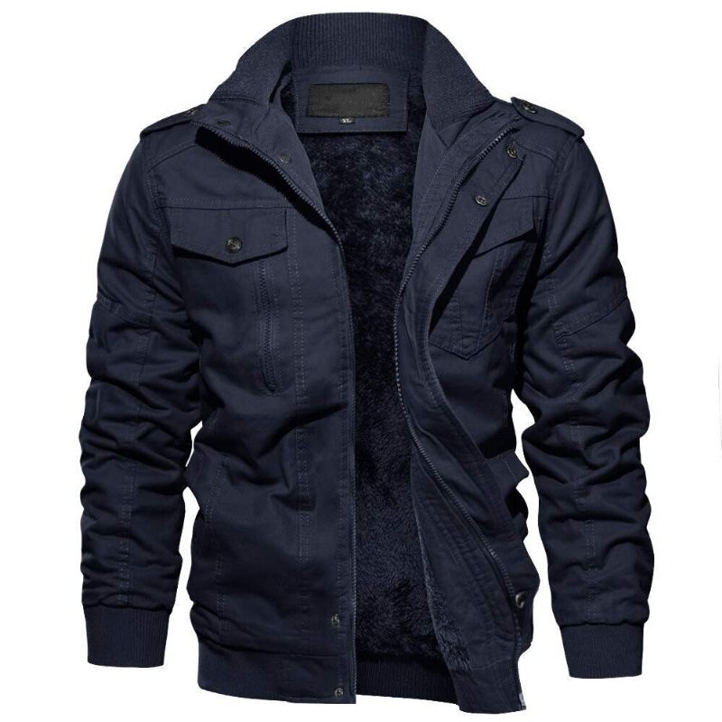 Vinter Bomuldsfrakke Herre Varm Termojakke Heavyweight Fleece Parka Windbreaker Vindtæt Outwear Cargo Frakker - Navy