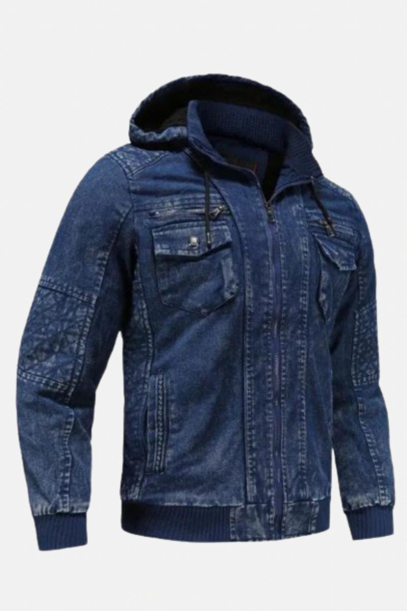 Vinter Denimjakke Plus Fløjlsvarme Solid Tyk Casual Jakke Herrebomuld Varm Frakke Hætte