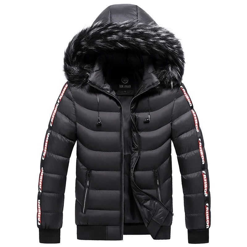 Vinter Mænd Velvet Parka Coat Pelskrave Hætte Plus Thick Warm Jacket - Sort