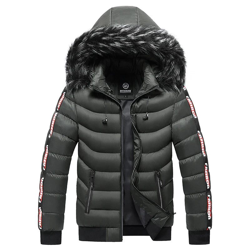 Vinter Mænd Velvet Parka Coat Pelskrave Hætte Plus Thick Warm Jacket - Sort