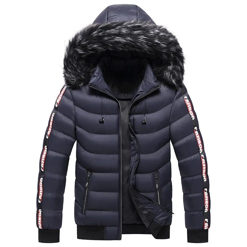 Vinter Mænd Velvet Parka Coat Pelskrave Hætte Plus Thick Warm Jacket - Sort