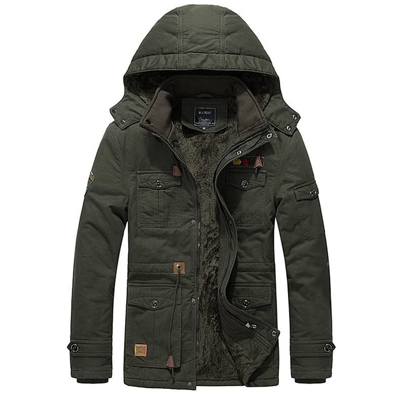 Vinter Militær Termisk Jakke Mænd Casual Tyk Varm Army Pilot Parkas Frakker Multi-pocket Ydertøj Fleece Hætte Bombefly Tøj - Sort