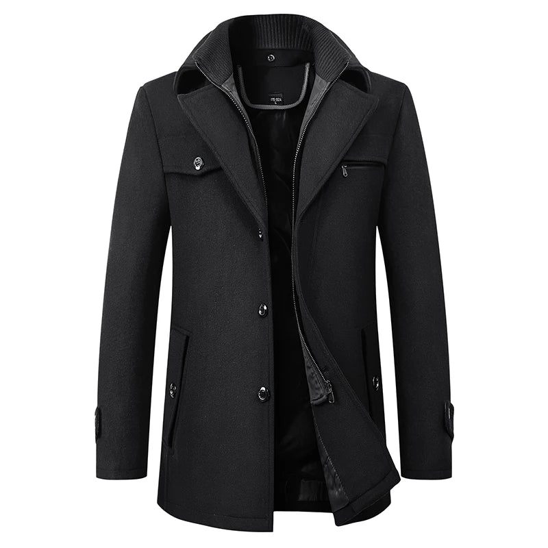 Vinter Ulden Vindjakke Til Mænd Solid Trench Slim Fit Business Casual Uldjakkeblandinger - Sort