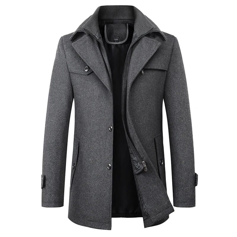 Vinter Ulden Vindjakke Til Mænd Solid Trench Slim Fit Business Casual Uldjakkeblandinger - Sort