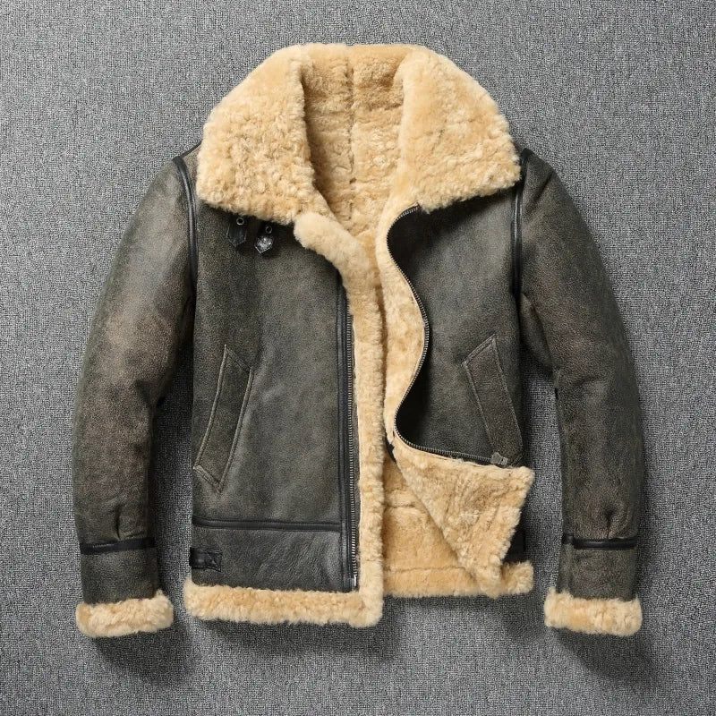 Vinter Varm Tyk Uld Læderjakke Mænd Ægte Pels Naturlig Shearling Outwear. - Grå