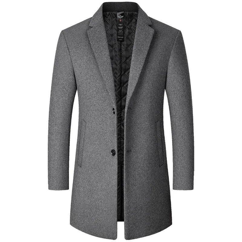 Vinteruld Mænd Tyk Frakkestativ Krave Mandlige Uld Blanding Outwear Jakke Smart Casual Trench - Sort