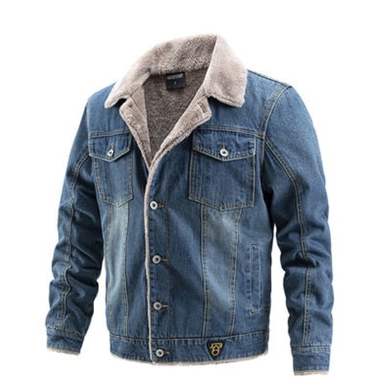 Winer Denimjakke Til Mænd Trendy Fleece Varm Mandlige Bomber Windbreaker Cowboyfrakker Tøj - Lyseblå