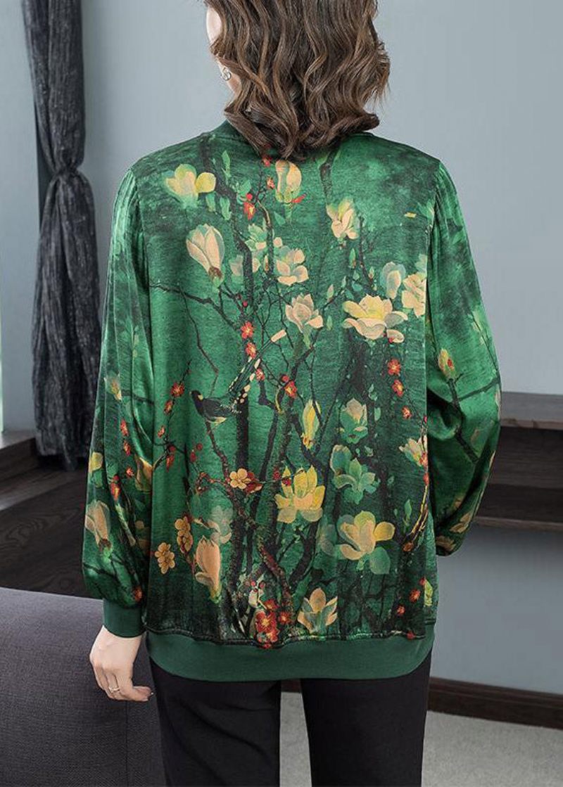 2024 Grøn O-hals Print Zip Up Silk Coats Langærmet - Dame vinterfrakker