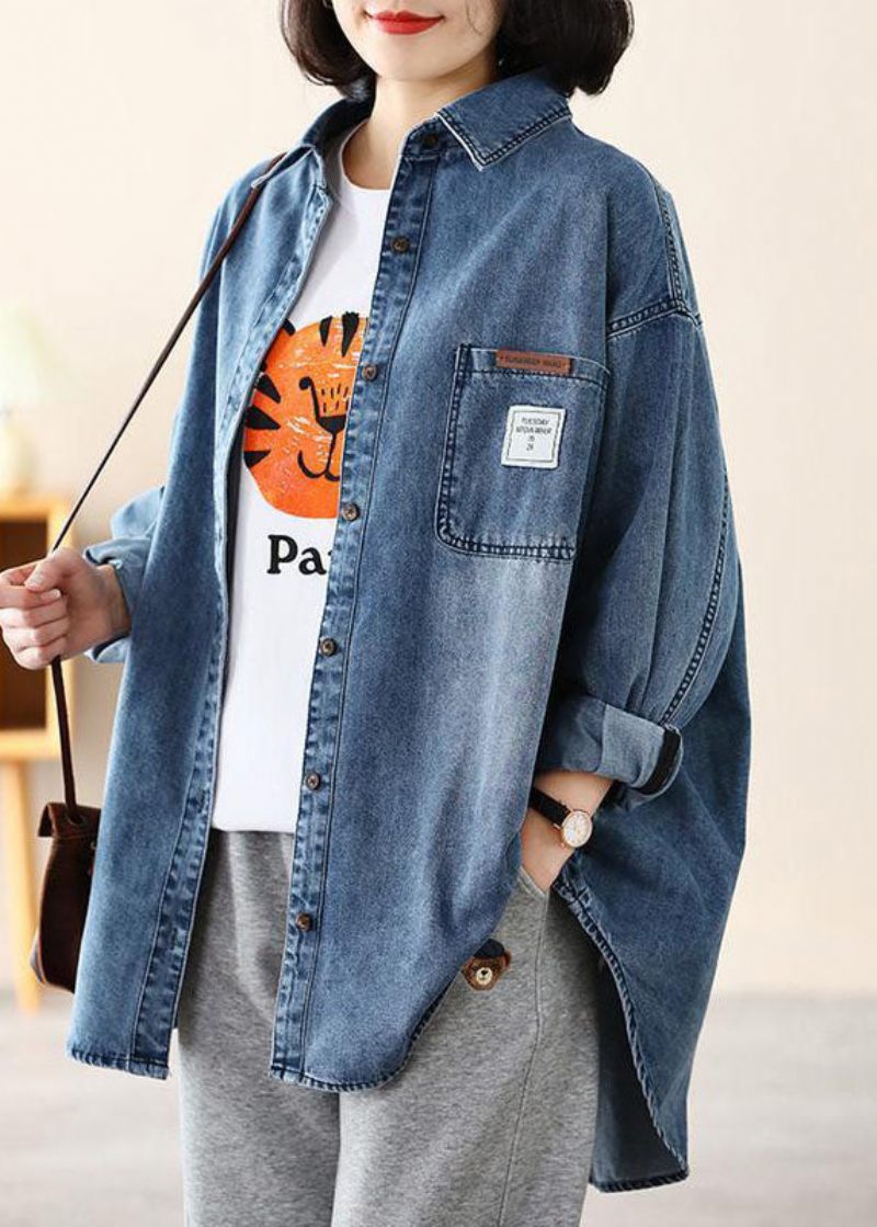 Afslappet Blå Peter Pan Krave Oversized Applique Bomuld Denim Coat Spring