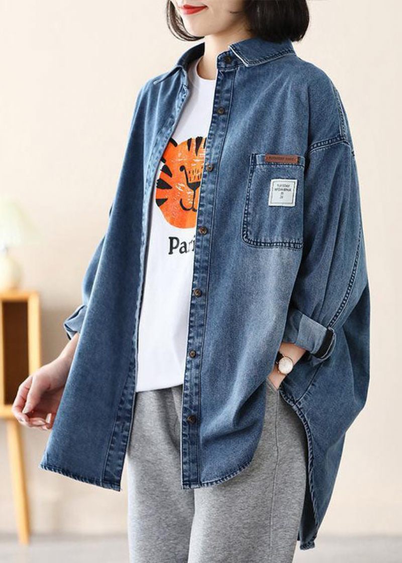 Afslappet Blå Peter Pan Krave Oversized Applique Bomuld Denim Coat Spring - Dame vinterfrakker