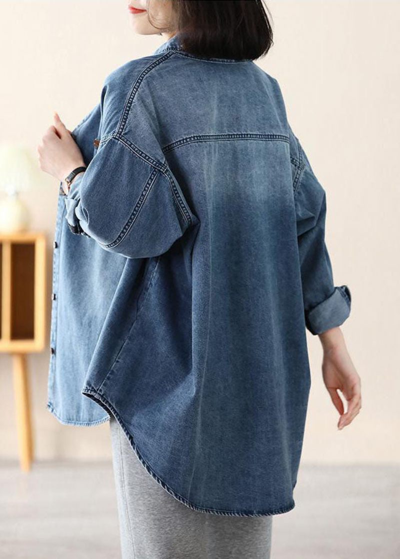 Afslappet Blå Peter Pan Krave Oversized Applique Bomuld Denim Coat Spring - Dame vinterfrakker