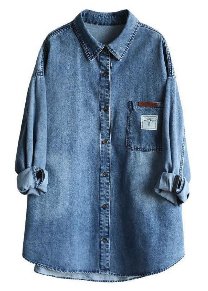 Afslappet Blå Peter Pan Krave Oversized Applique Bomuld Denim Coat Spring - Dame vinterfrakker