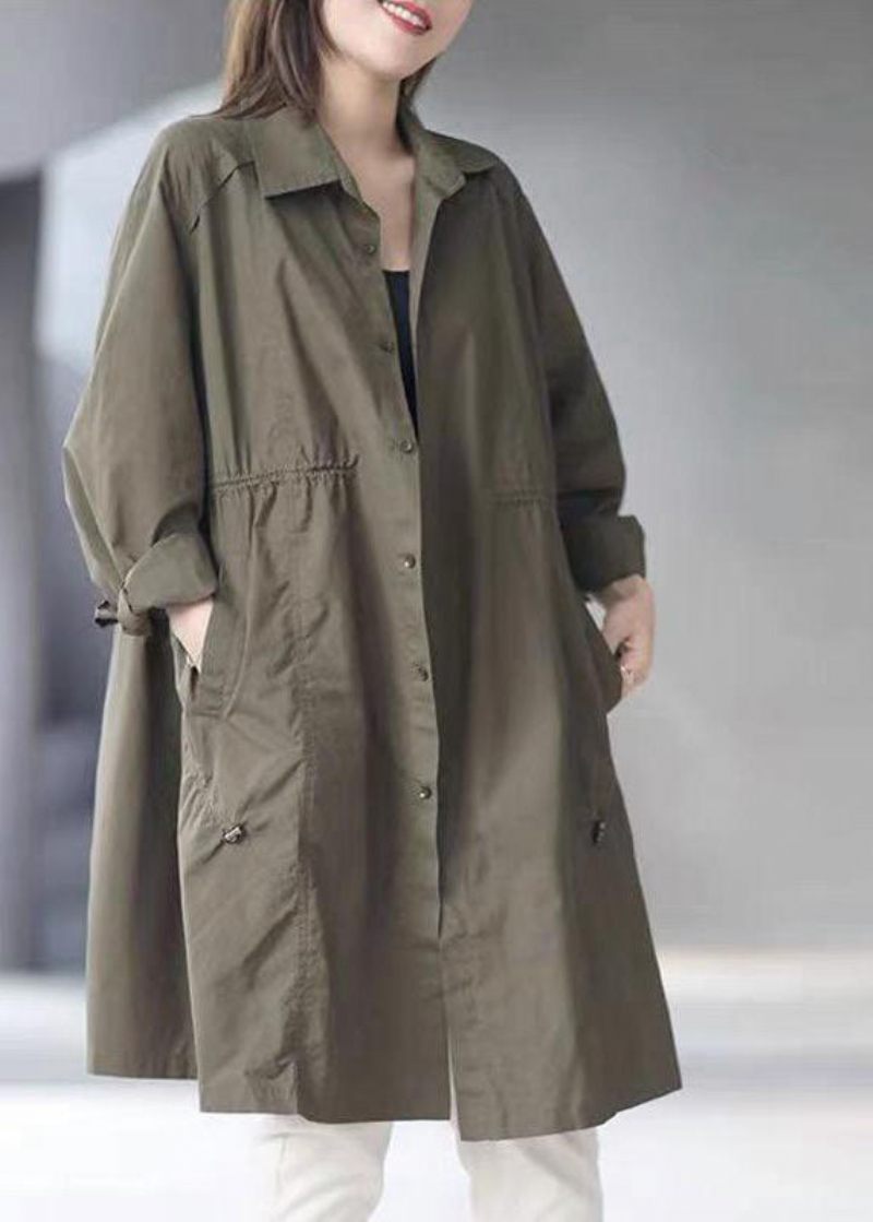 Army Green Button Bomuld Cinched Coat Spring - Blå