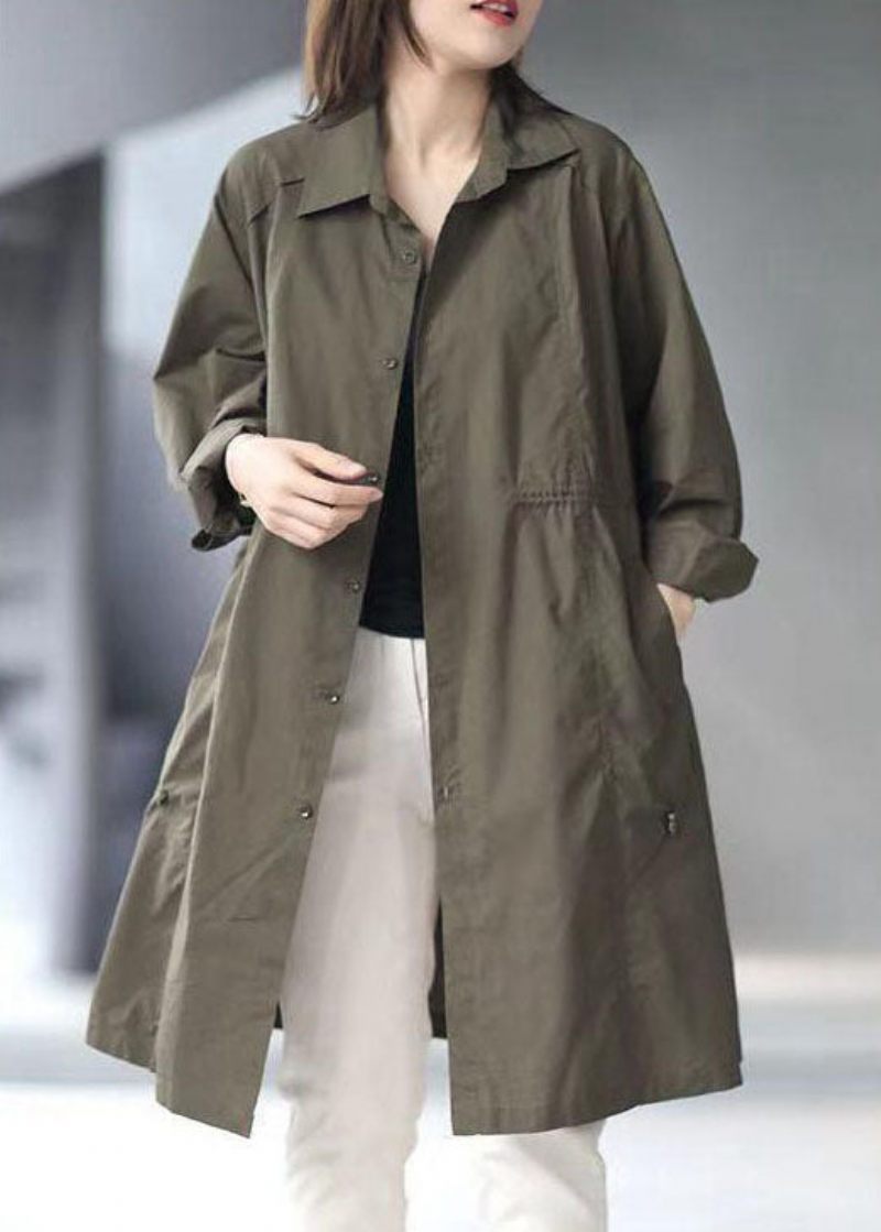 Army Green Button Bomuld Cinched Coat Spring - Blå