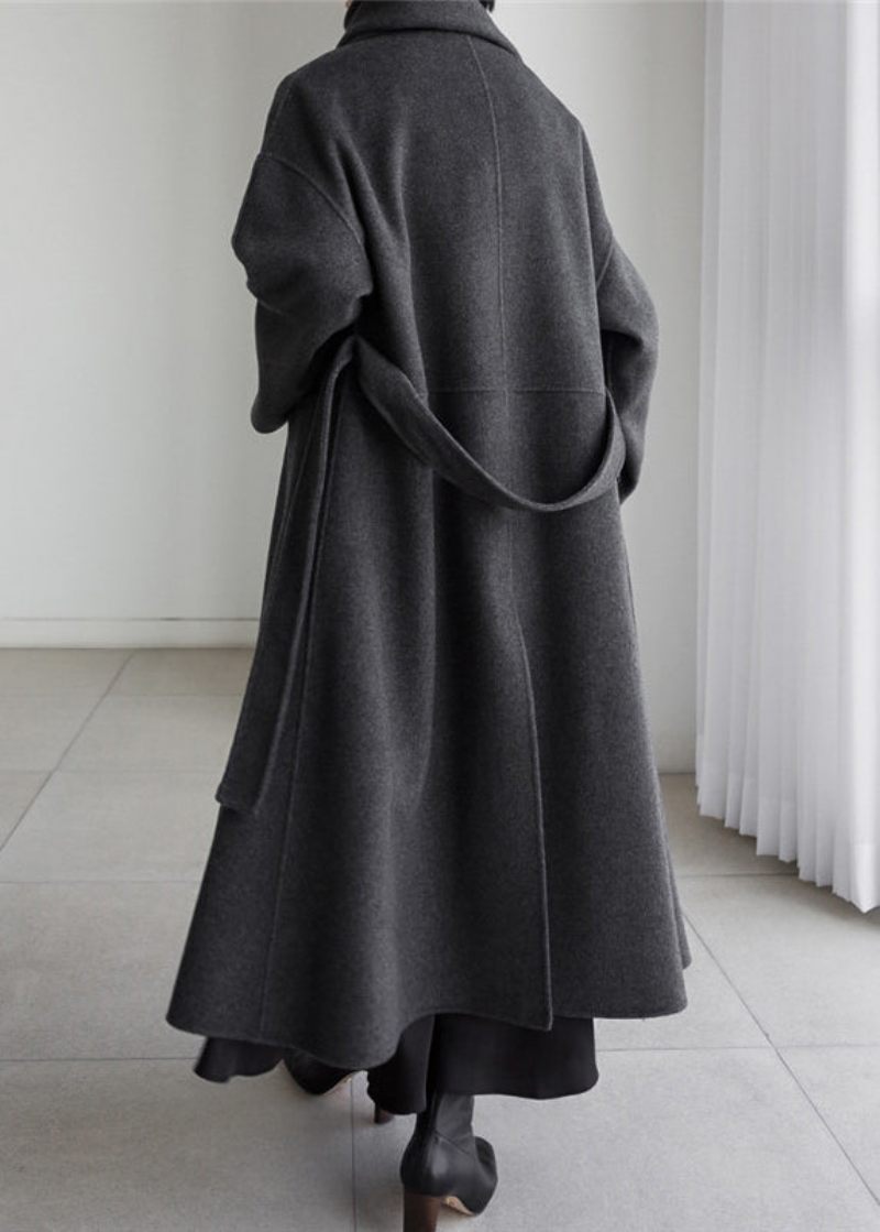 Art Black Notched Lommer Woolen Coats Langærmet - Sort