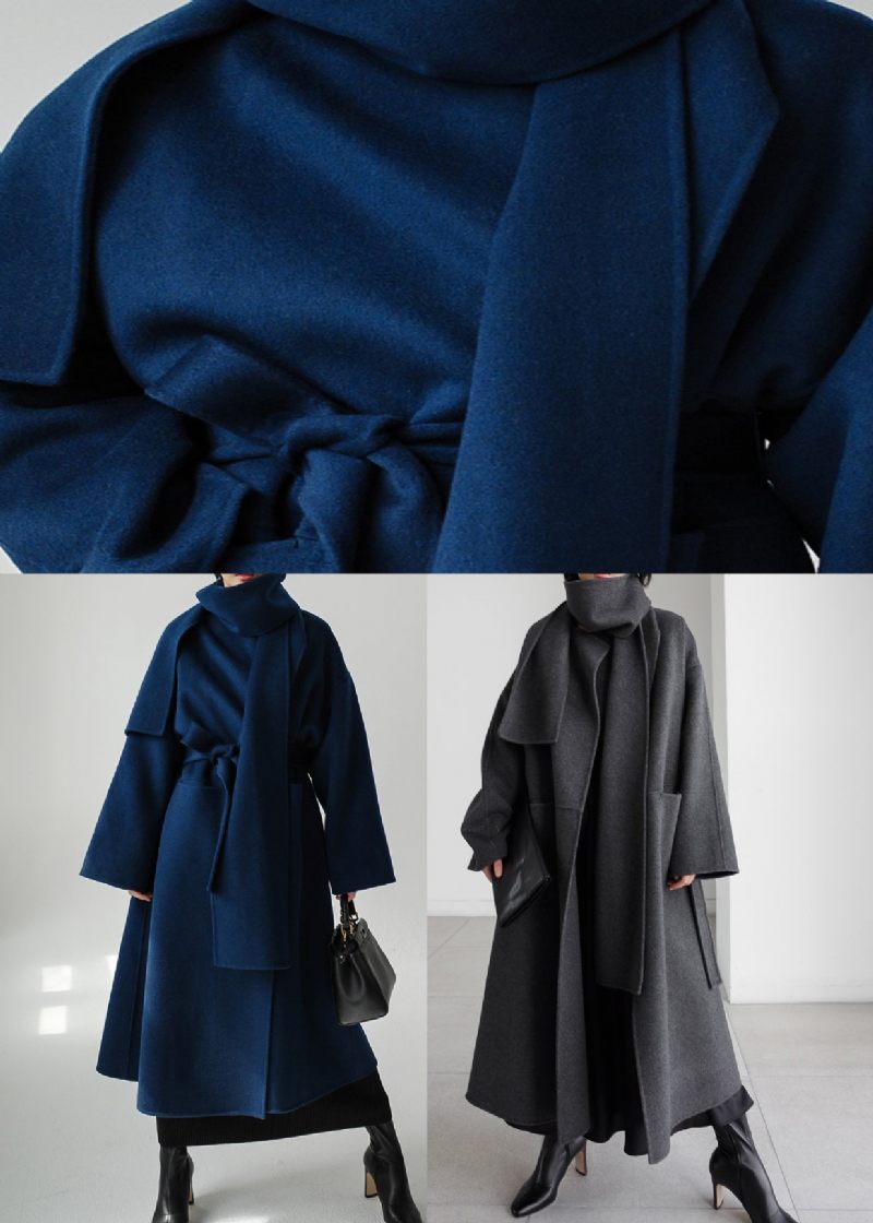 Art Black Notched Lommer Woolen Coats Langærmet - Sort