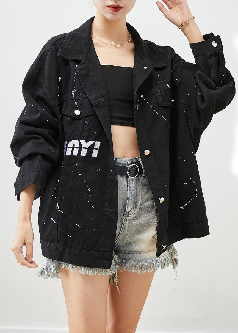 Art Black Oversized Letter Print Denim Jakker Efterår