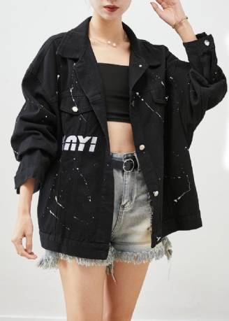 Art Black Oversized Letter Print Denim Jakker Efterår