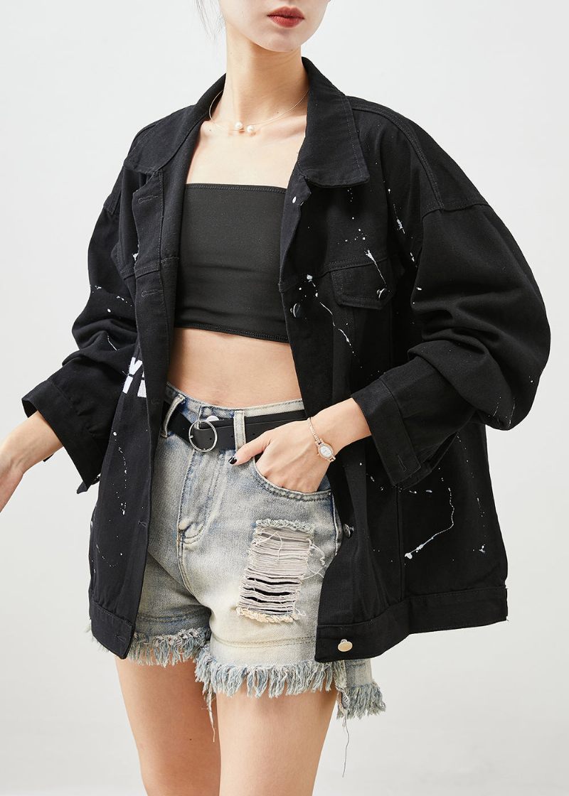 Art Black Oversized Letter Print Denim Jakker Efterår - Dame vinterfrakker