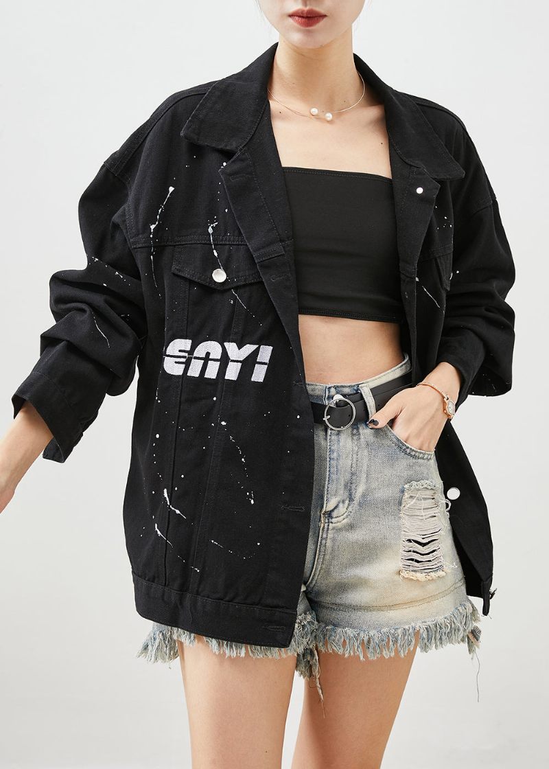 Art Black Oversized Letter Print Denim Jakker Efterår - Dame vinterfrakker