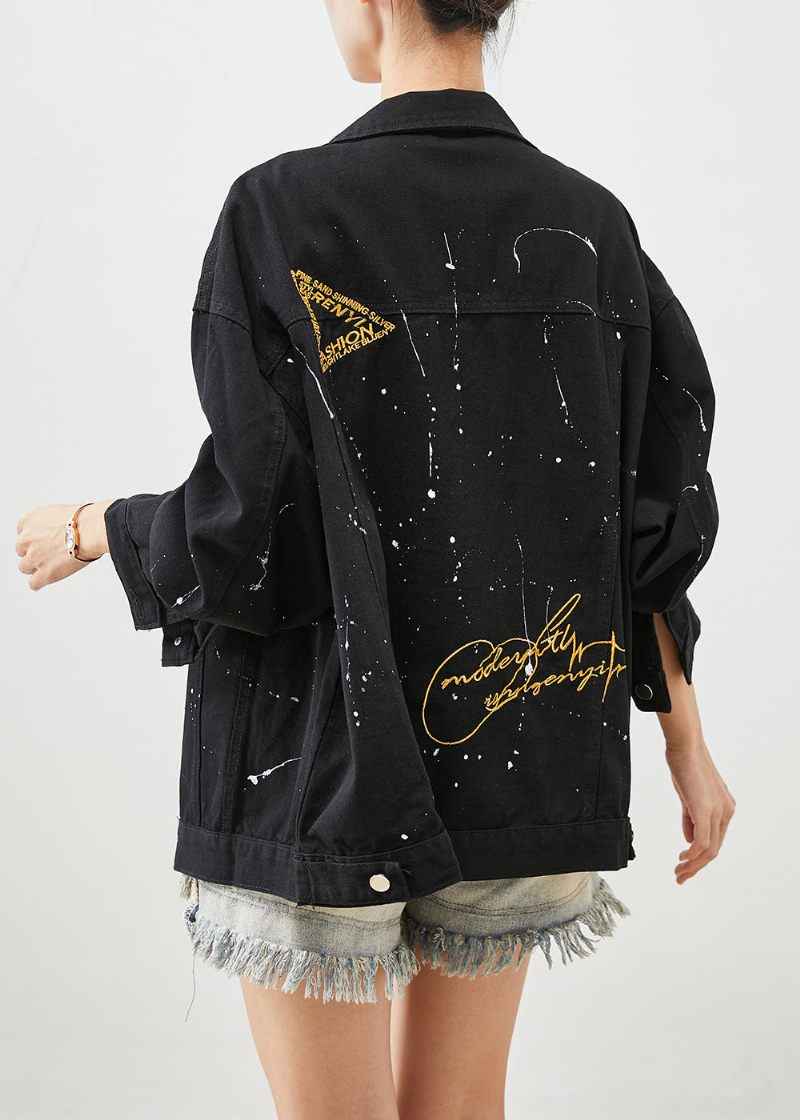 Art Black Oversized Letter Print Denim Jakker Efterår - Dame vinterfrakker