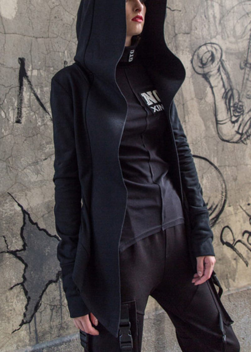 Art Black Zip Up Bomuld Hoodie Coat Langærmet