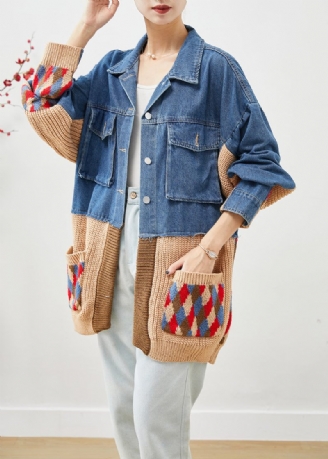 Art Blue Oversized Patchwork Lommer Denimjakke Efterår