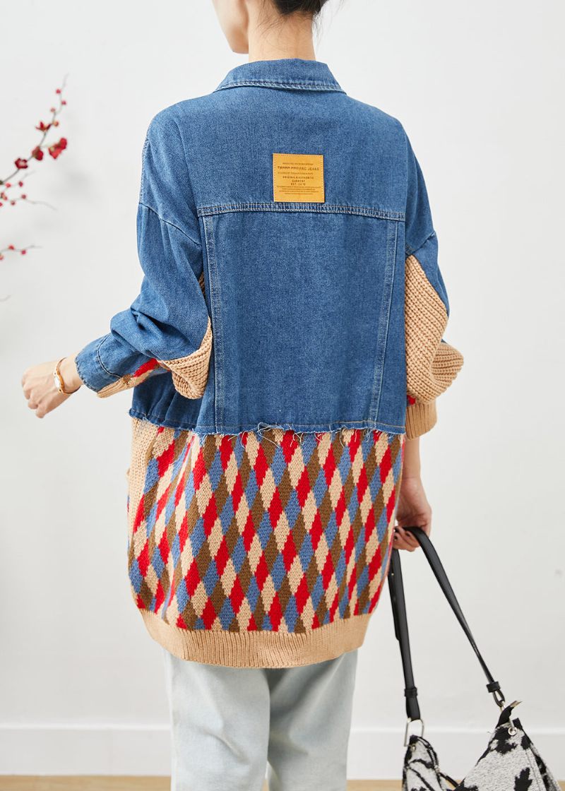 Art Blue Oversized Patchwork Lommer Denimjakke Efterår - Dame vinterfrakker